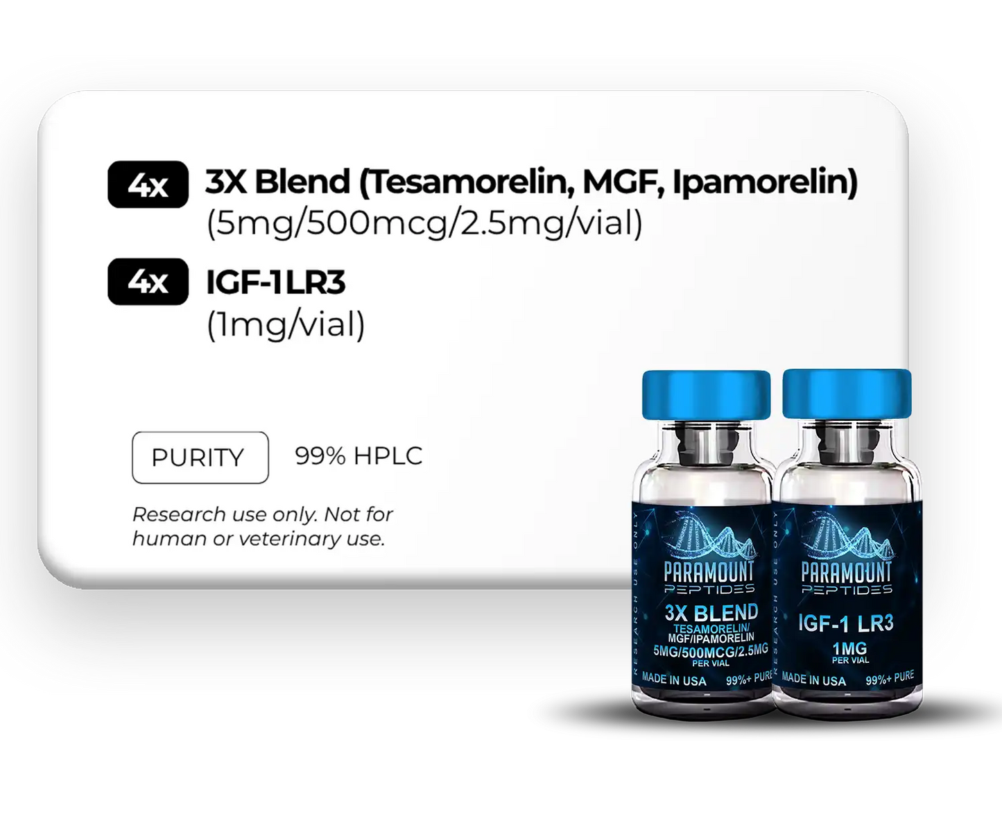 3X Blend Tesamorelin, MGF, Ipamorelin (5mg/500mcg/2.5mg), IGF‑1 LR3 (1mg)