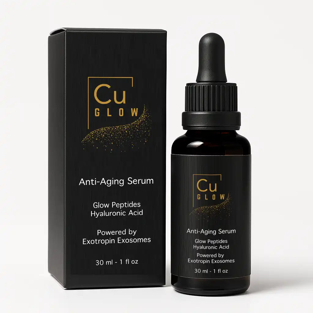 Cu GLOW Anti-Aging Serum with peptides, hyaluronic acid, and exosome technology for firmer, hydrated, youthful skin