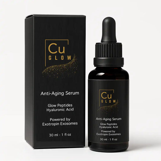 Cu GLOW Anti-Aging Serum with peptides, hyaluronic acid, and exosome technology for firmer, hydrated, youthful skin