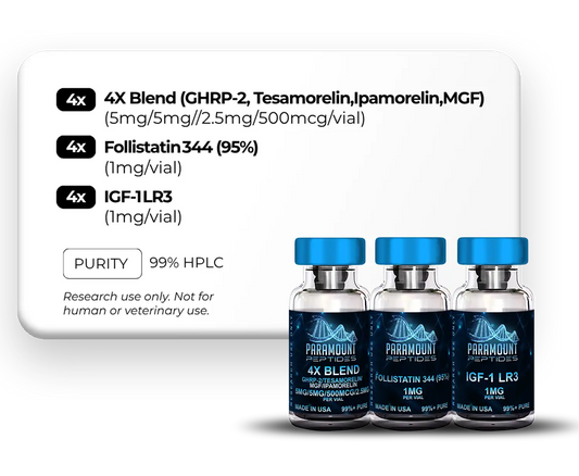 4X Blend (GHRP-2, Tesamorelin, MGF, Ipamorelin (5mg/5mg/500mcg/2.5mg)), Follistatin 344 (95%) (1mg), IGF-1 LR3 (1mg)