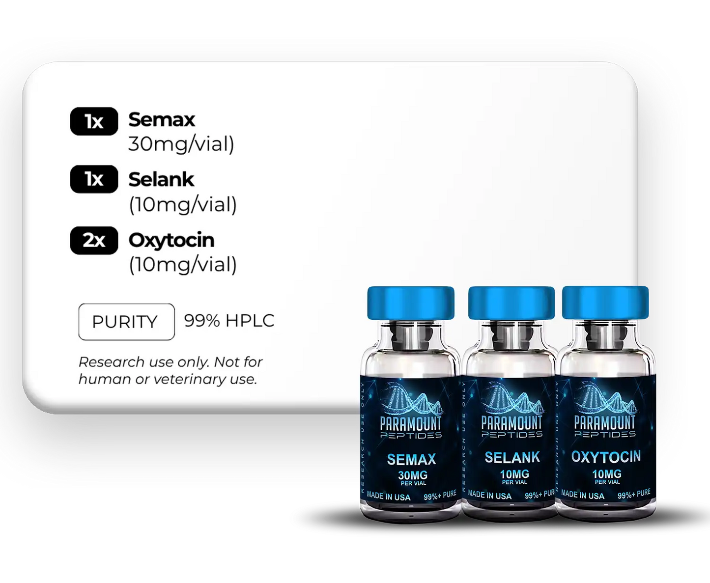 Semax (30mg), Selank (10mg), Oxytocin (10mg)