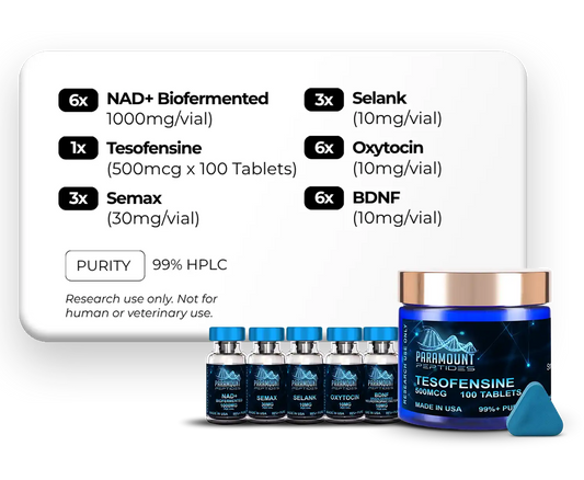 NAD+ Biofermented (1000mg), Tesofensine (500mcg x 100 Tablets), Semax (30mg), Selank (10mg), Oxytocin (10mg), BDNF (Brain-derived neurotrophic factor) (10mg) - X3