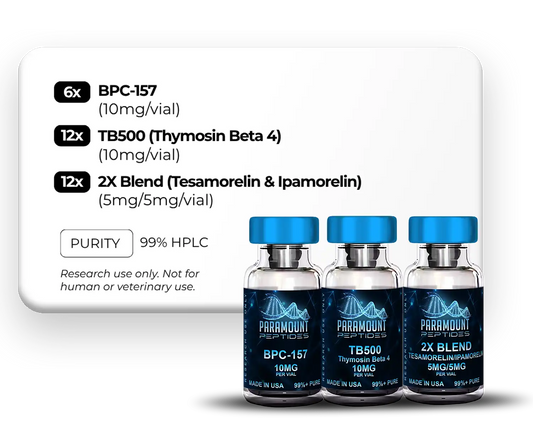 BPC-157 (10mg), 2X Blend (Tesamorelin/Ipamorelin (5/5mg)), Thymosin Beta 4 (TB500) (10mg) - 3X
