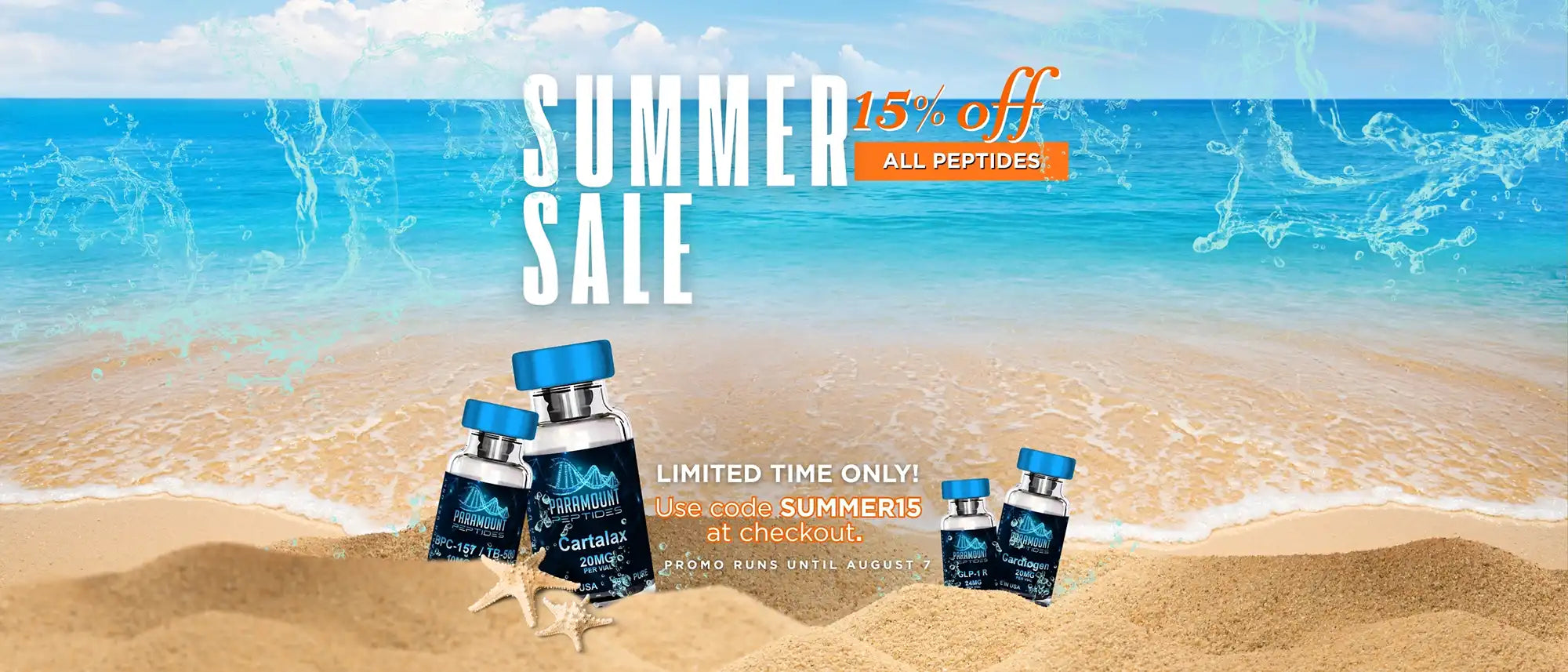 Summer Sale. 15%off all peptides. Limited time only! Use Code: SUMMER15 at checkout. Promo runs until August 7