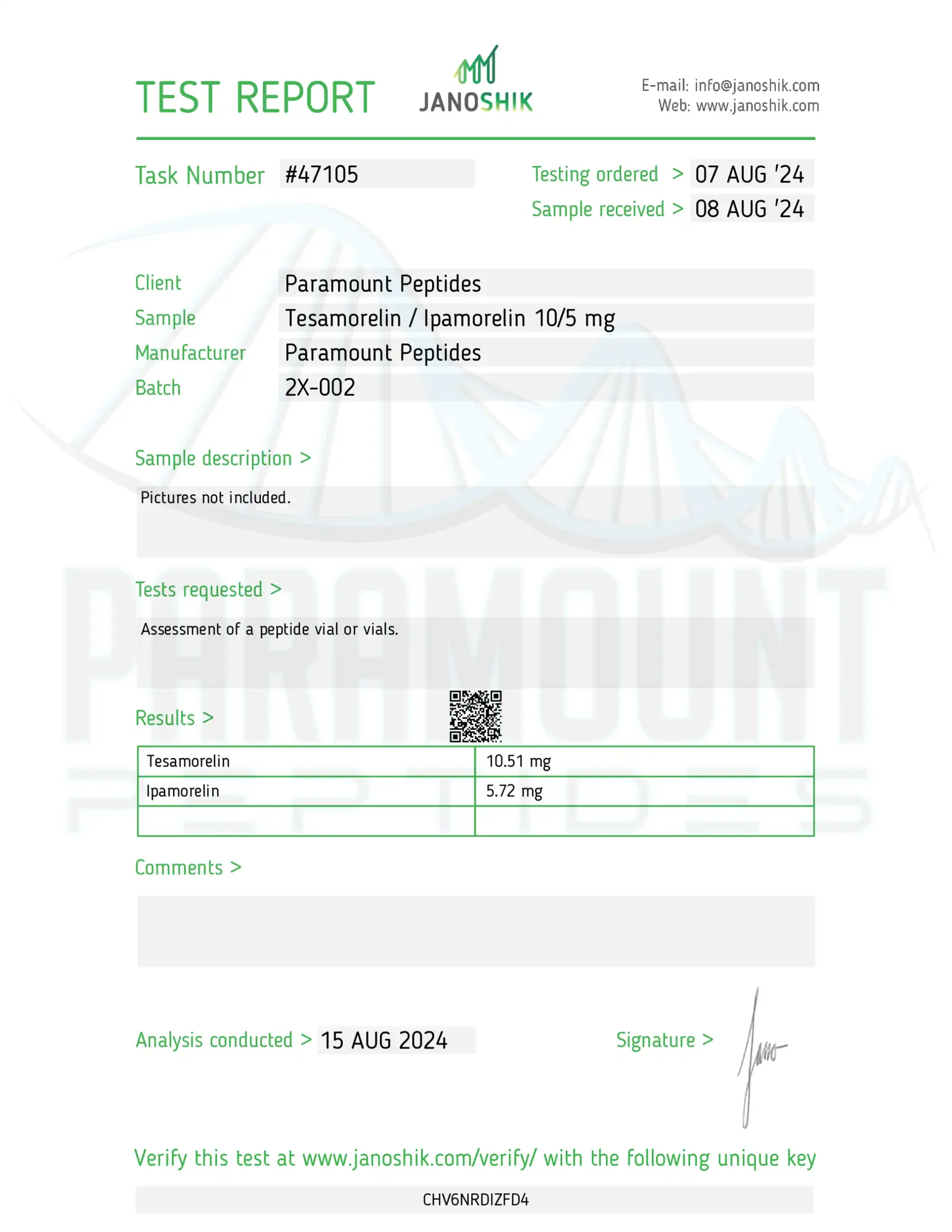 Tesamorelin/Ipamorelin (10/5mg) Certificate of Analysis from Paramount Peptides