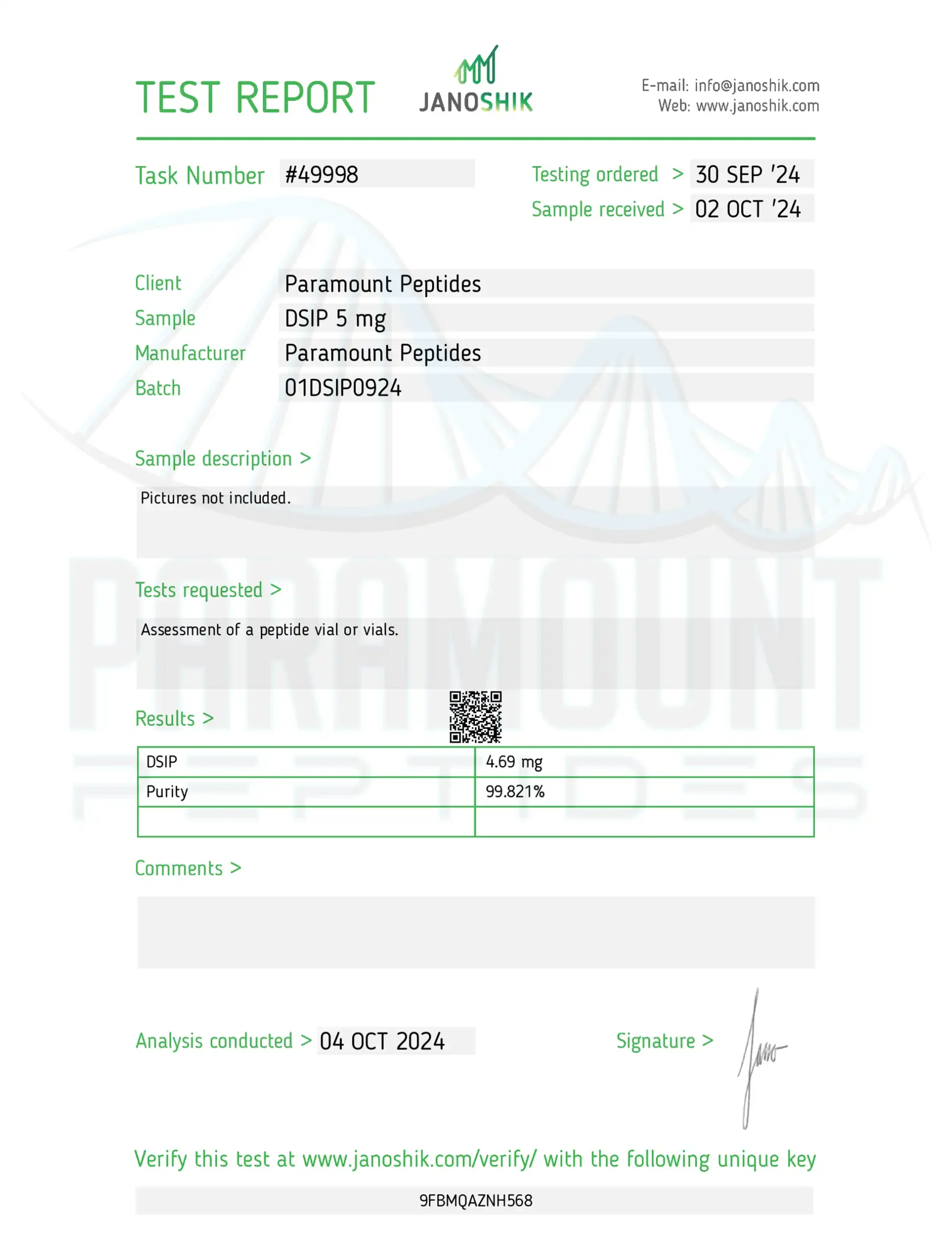 DSIP (5mg) Certificate of Analysis from Paramount Peptides