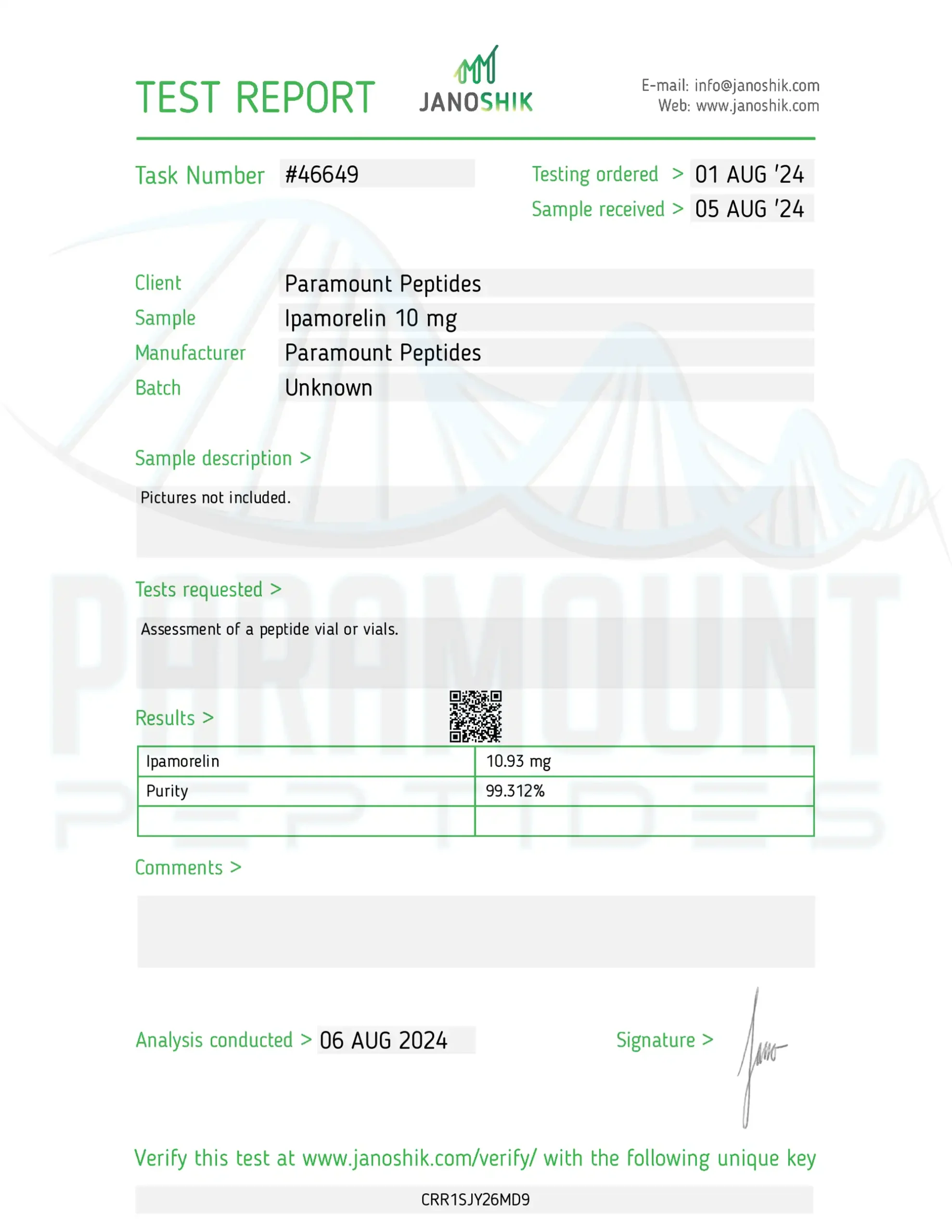 Ipamorelin (10mg) Certificate of Analysis from Paramount Peptides