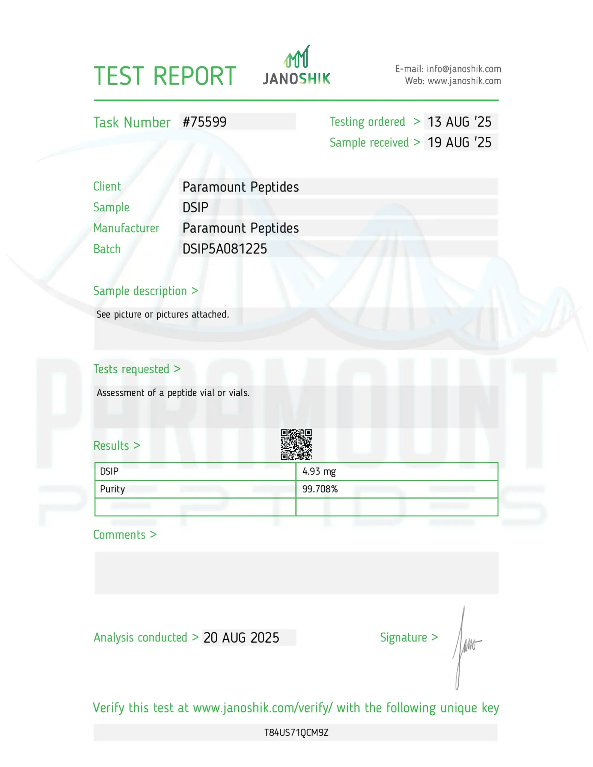 dsip certificate of analysis — Paramount Peptides COA — PeptideBenchmark Size:0.5g - $19.69 Epithalon 50mg BPC-157 TB-500 Blend —