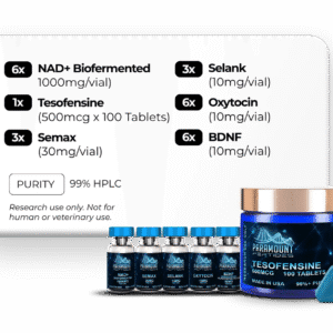 NAD+ Biofermented (1000mg), Tesofensine (500mcg x 100 Tablets), Semax (30mg), Selank (10mg), Oxytocin (10mg), BDNF (Brain-derived neurotrophic factor) (10mg) - X3
