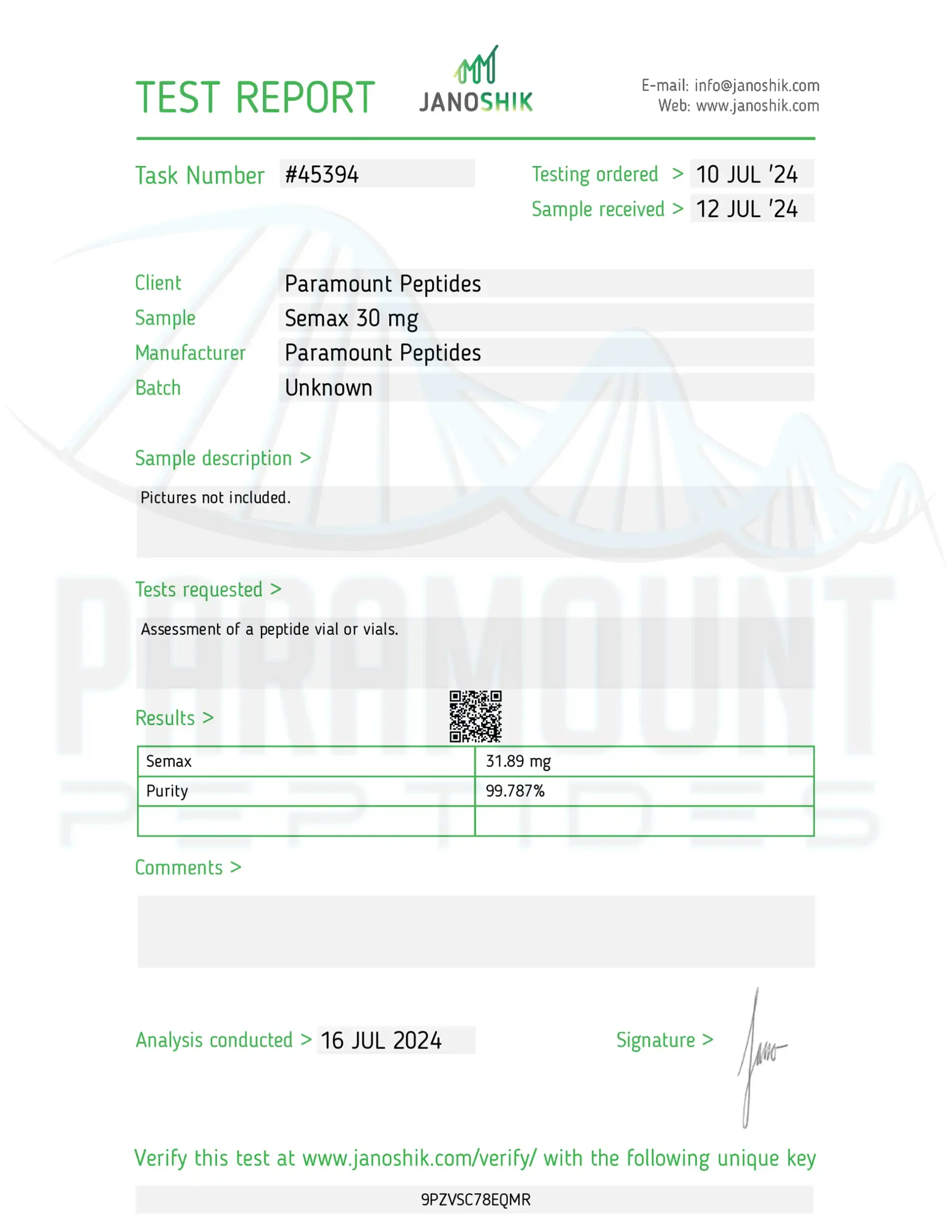 Semax (30mg) Certificate of Analysis from Paramount Peptides