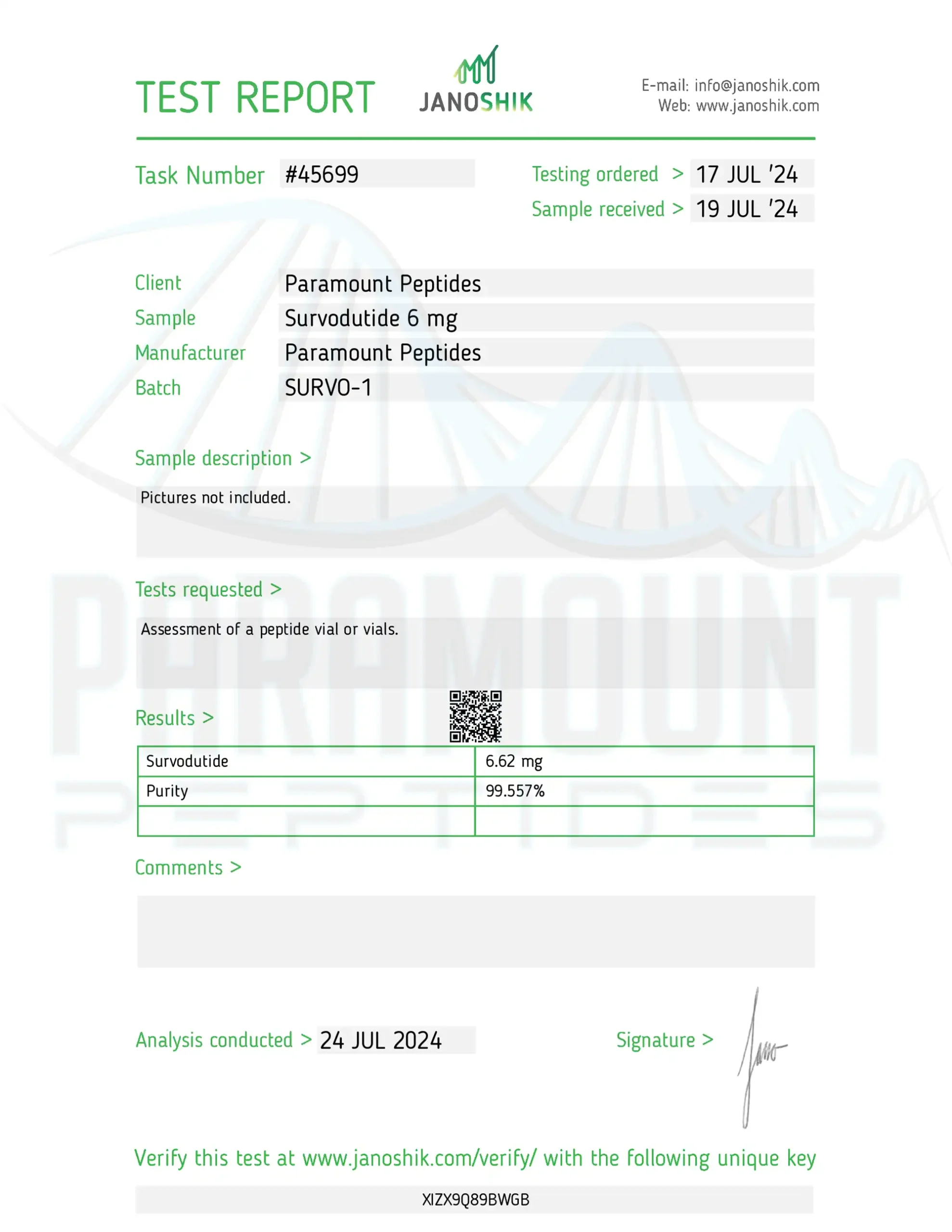 Survodutide (6mg) Certificate of Analysis from Paramount Peptides