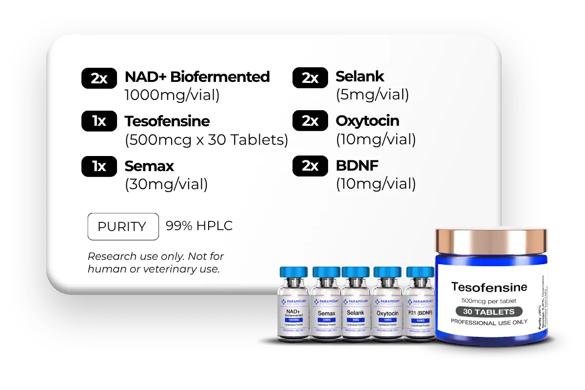 NAD+ Biofermented (1000mg), Tesofensine (500mcg x 30 Tablets), Semax (30mg), Selank (10mg), Oxytocin (10mg), BDNF (Brain-derived neurotrophic factor) (10mg)